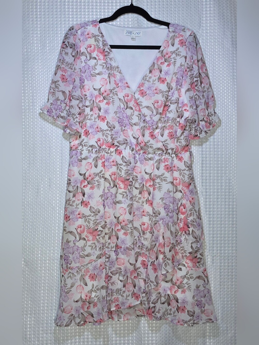 Pastel Floral Wrap Dress Romantic Feminine Ruffle Sleeve Garden Party Dress L - Picture 14 of 14